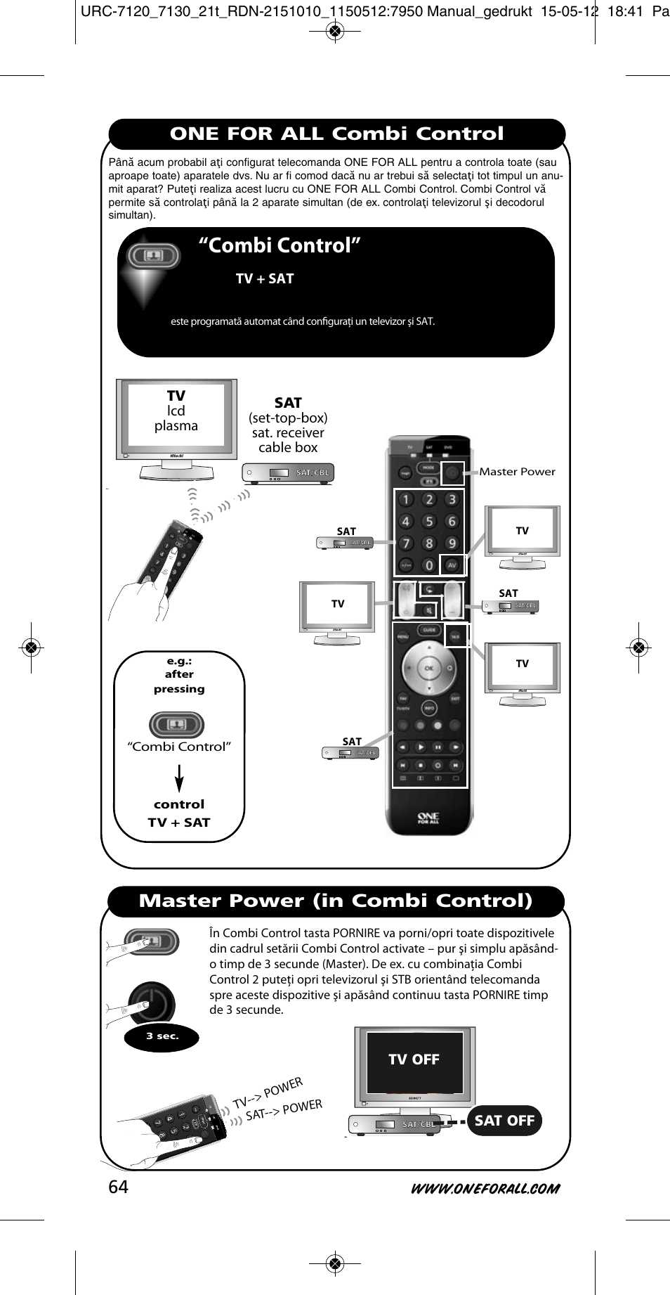 Combi control, One for all combi control, Master power (in combi control) 64 | Tv lcd plasma, Sat (set-top-box) sat. receiver cable box, Tv + sat, Tv off, Sat off | One for All URC-7130 Essence 3 User Manual | Page 65 / 193