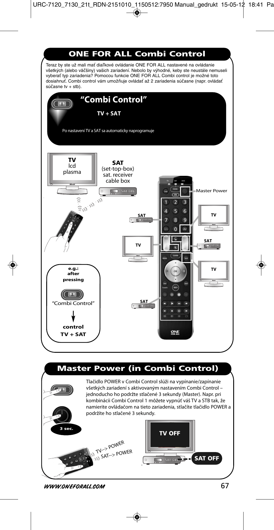 Combi control, One for all combi control, Master power (in combi control) | Tv lcd plasma, Sat (set-top-box) sat. receiver cable box, Tv + sat, Tv off, Sat off | One for All URC-7130 Essence 3 User Manual | Page 68 / 193