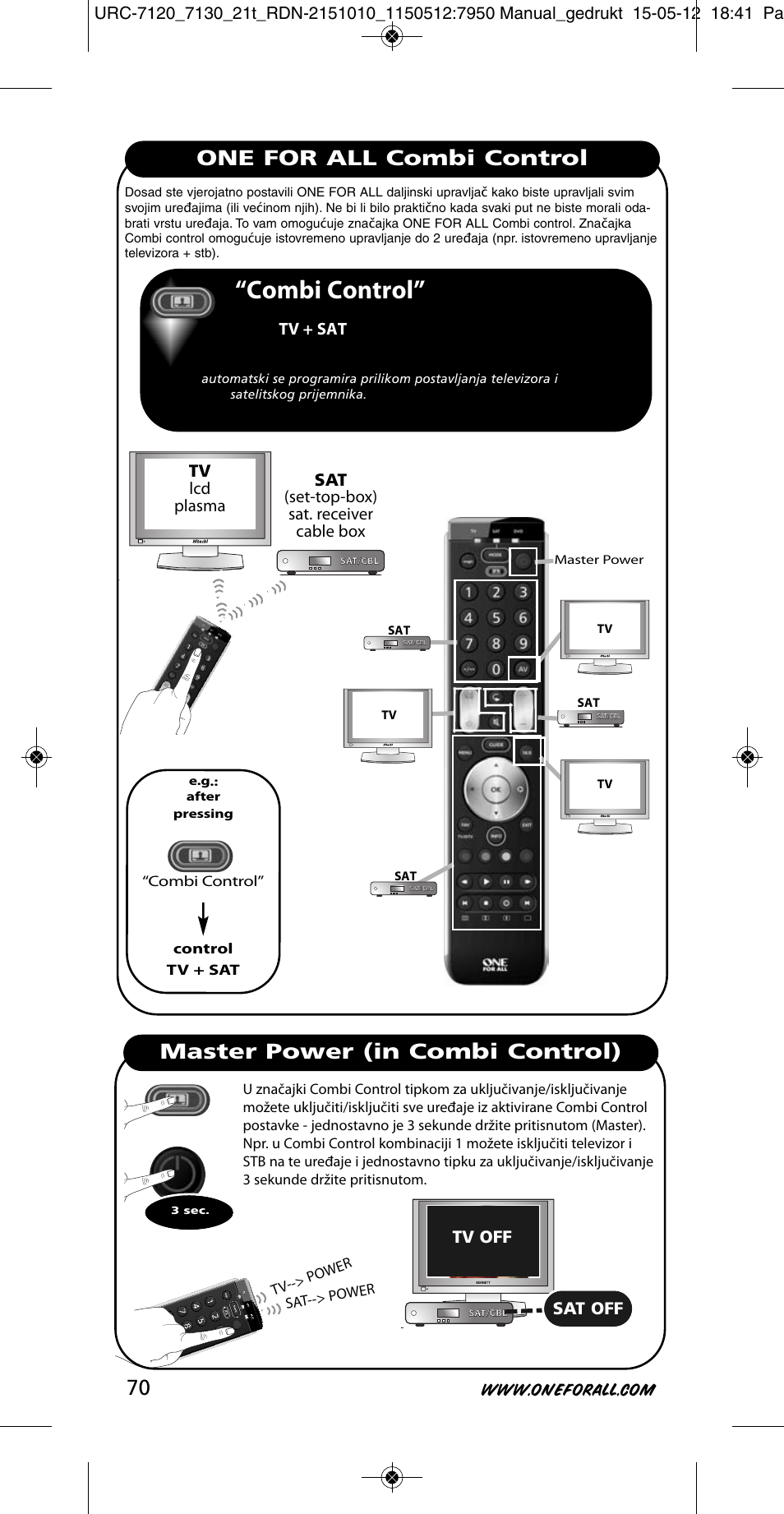 Combi control, One for all combi control, Master power (in combi control) 70 | Tv lcd plasma, Sat (set-top-box) sat. receiver cable box, Tv off, Sat off, Tv + sat | One for All URC-7130 Essence 3 User Manual | Page 71 / 193