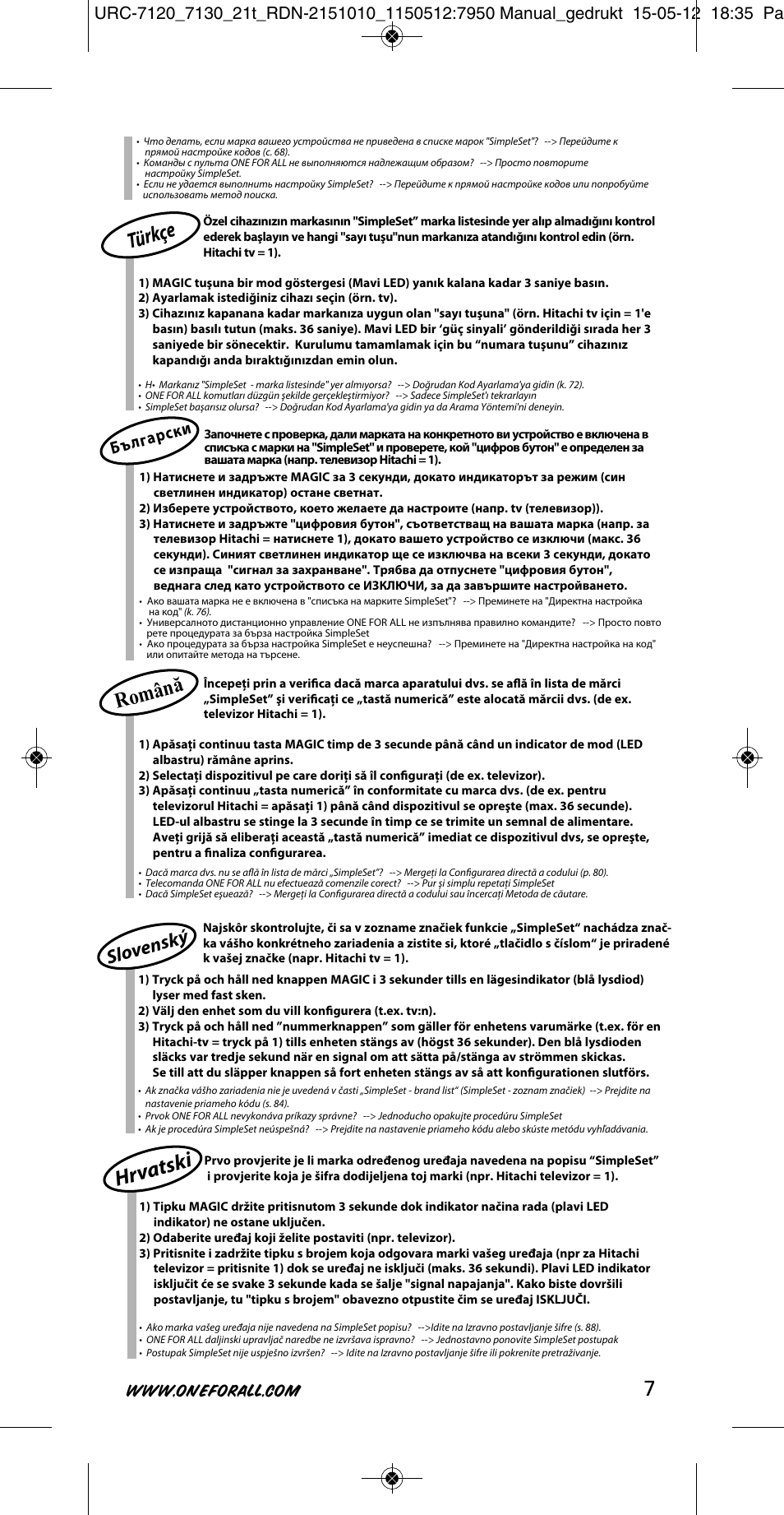 Hrvatsk i, Türkç e, Română | Slov enský | One for All URC-7130 Essence 3 User Manual | Page 8 / 193