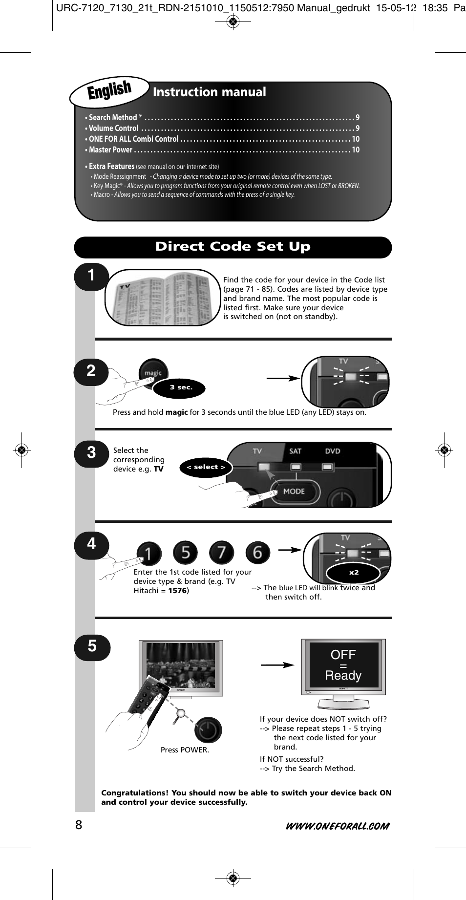 English | One for All URC-7130 Essence 3 User Manual | Page 9 / 193