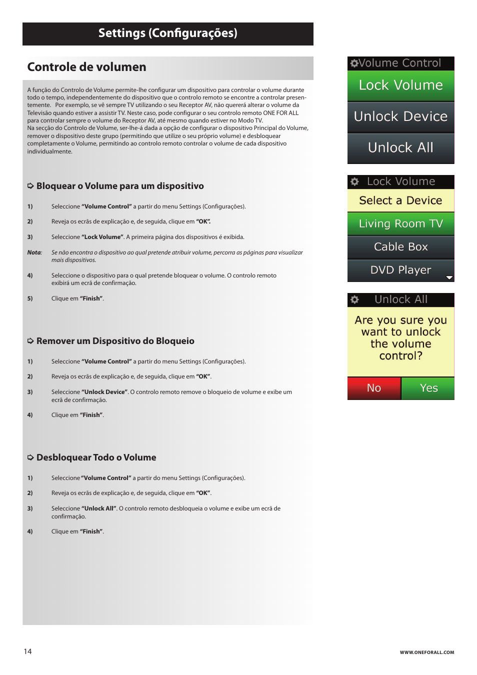 Settings (conﬁgurações) controle de volumen, Bloquear o volume para um dispositivo, Remover um dispositivo do bloqueio | Desbloquear todo o volume | One for All URC 8620 Xsight Plus User Manual | Page 100 / 290