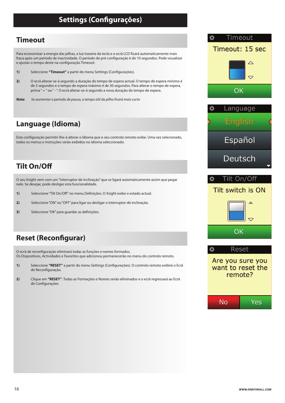 Settings (conﬁgurações) timeout, Language (idioma), Tilt on/oﬀ | Reset (reconﬁgurar) | One for All URC 8620 Xsight Plus User Manual | Page 102 / 290