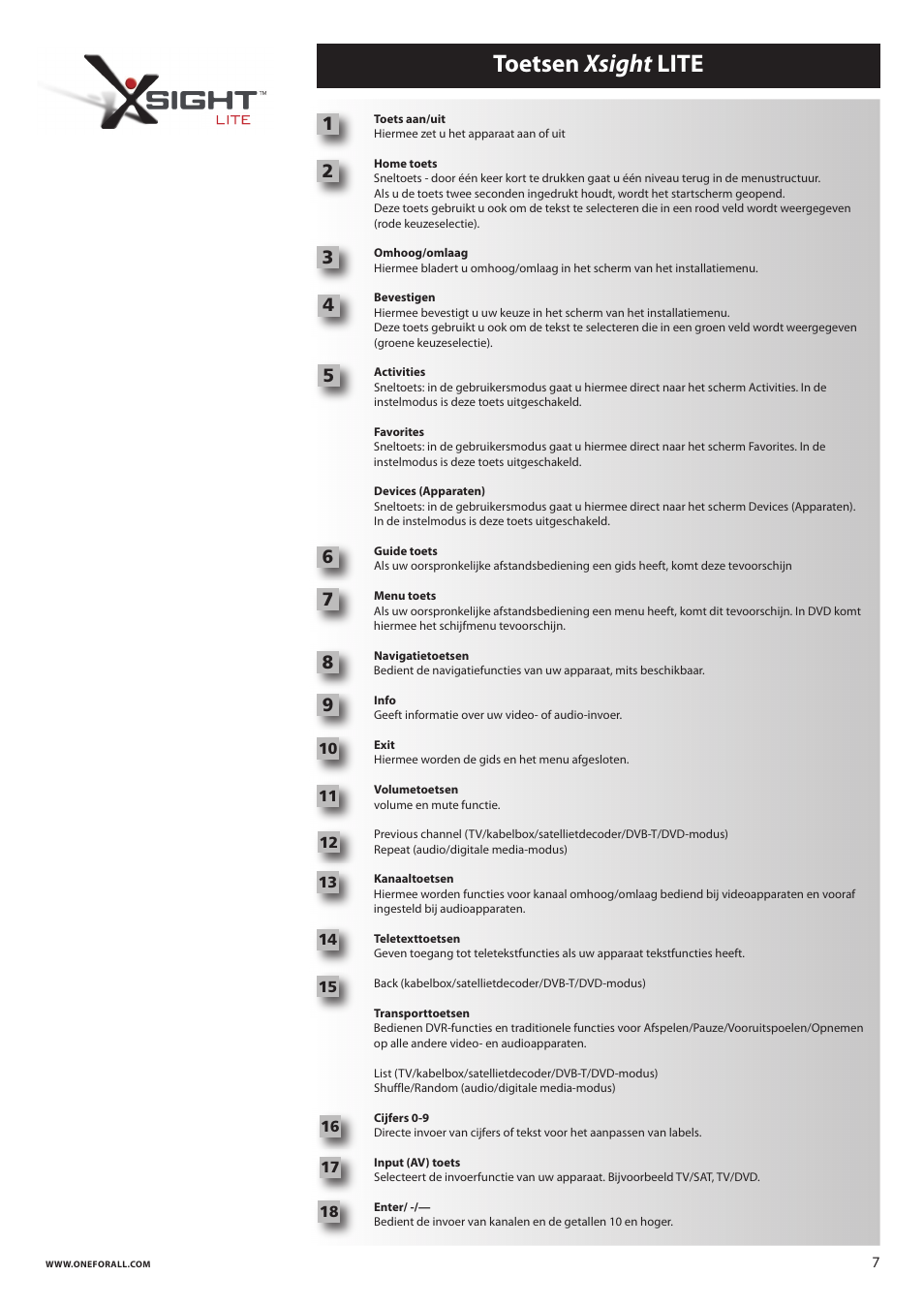 Toetsen xsight lite | One for All URC 8620 Xsight Plus User Manual | Page 110 / 290