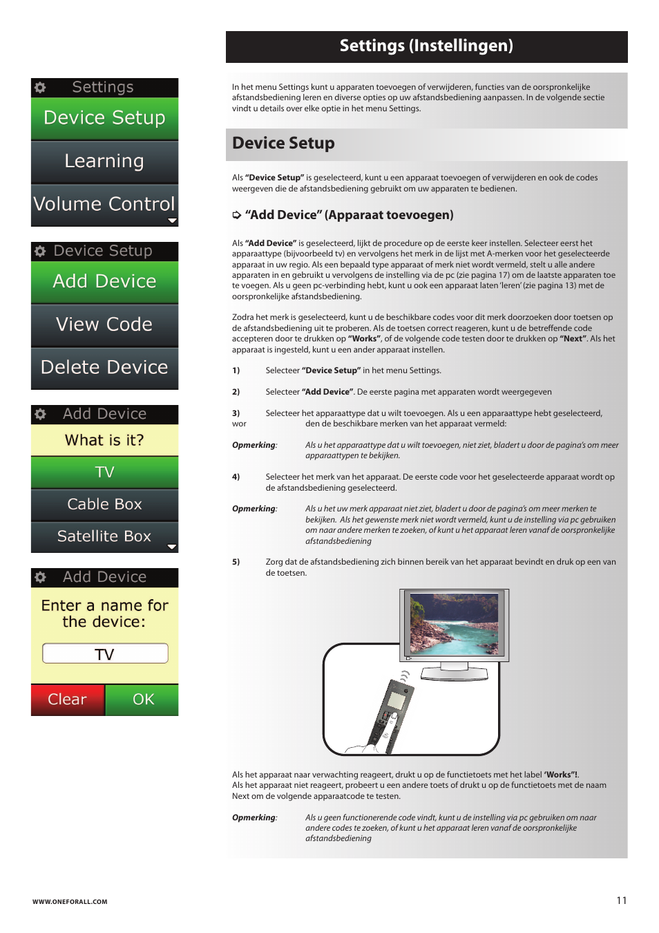 Settings (instellingen) device setup, Add device” (apparaat toevoegen) | One for All URC 8620 Xsight Plus User Manual | Page 114 / 290