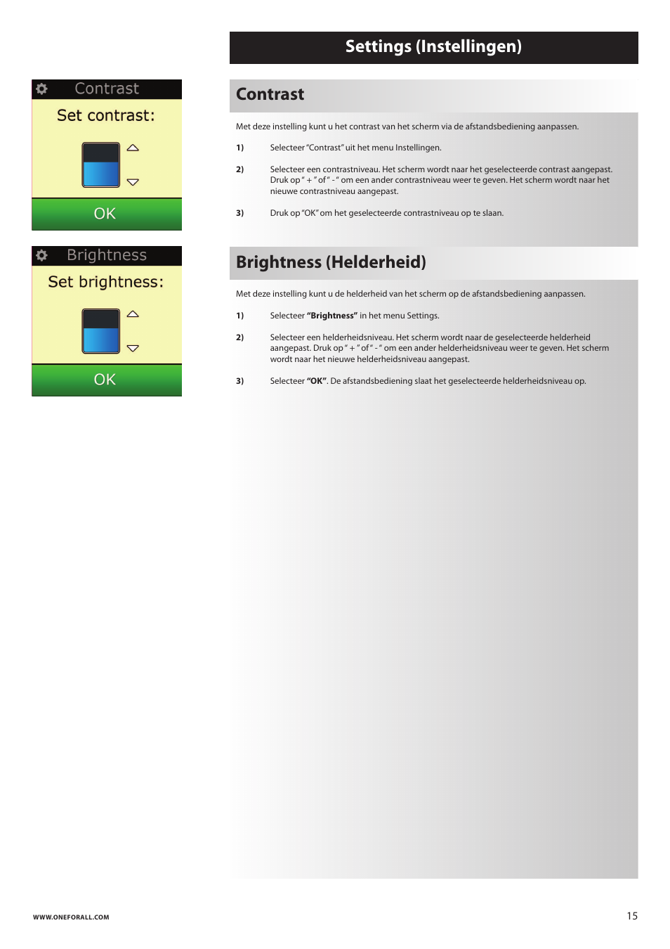 Settings (instellingen), Contrast, Brightness (helderheid) | One for All URC 8620 Xsight Plus User Manual | Page 118 / 290