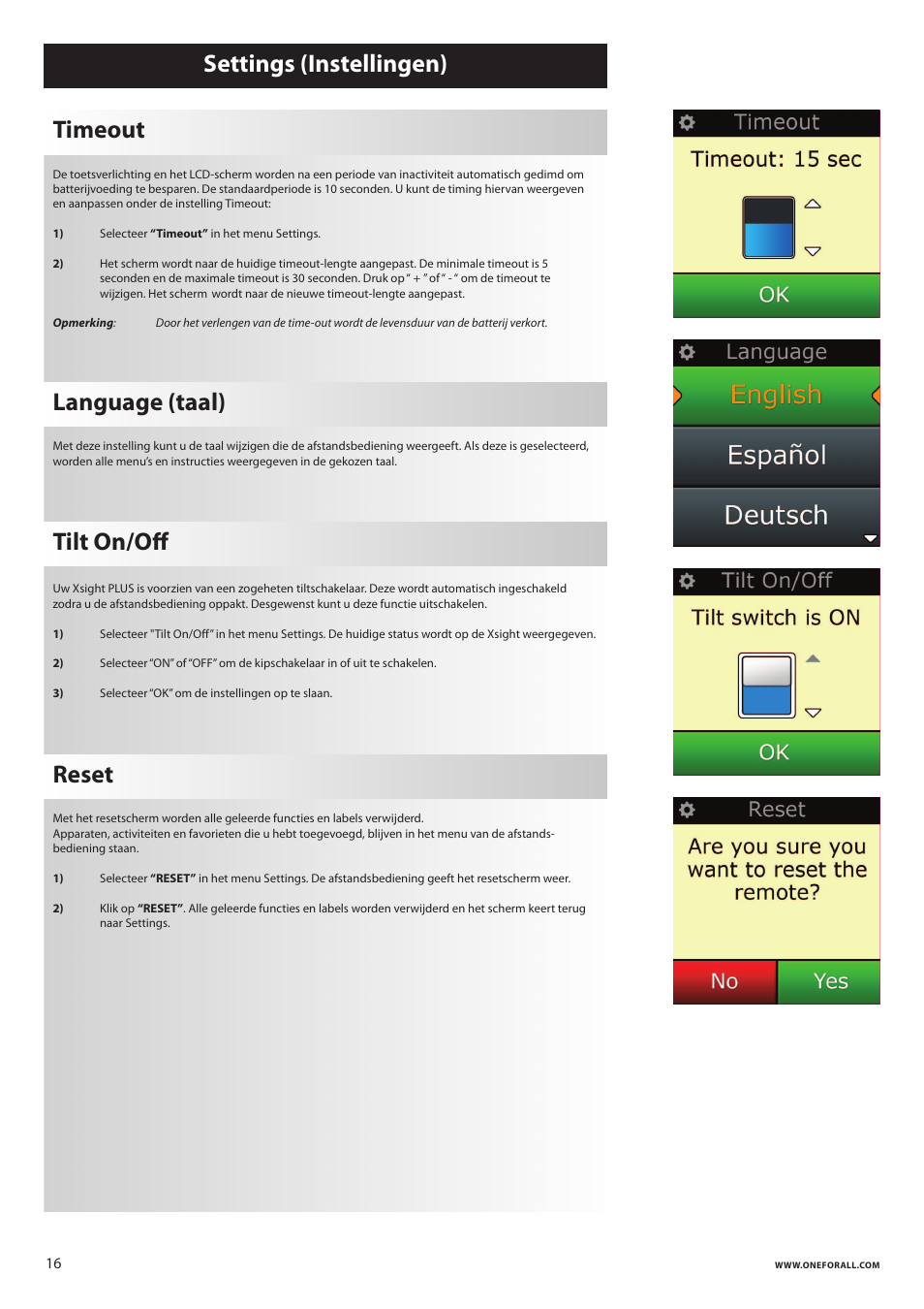 Settings (instellingen) timeout, Language (taal), Tilt on/oﬀ | Reset | One for All URC 8620 Xsight Plus User Manual | Page 119 / 290