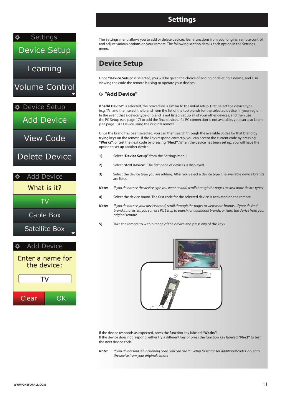 Settings device setup, Add device | One for All URC 8620 Xsight Plus User Manual | Page 12 / 290