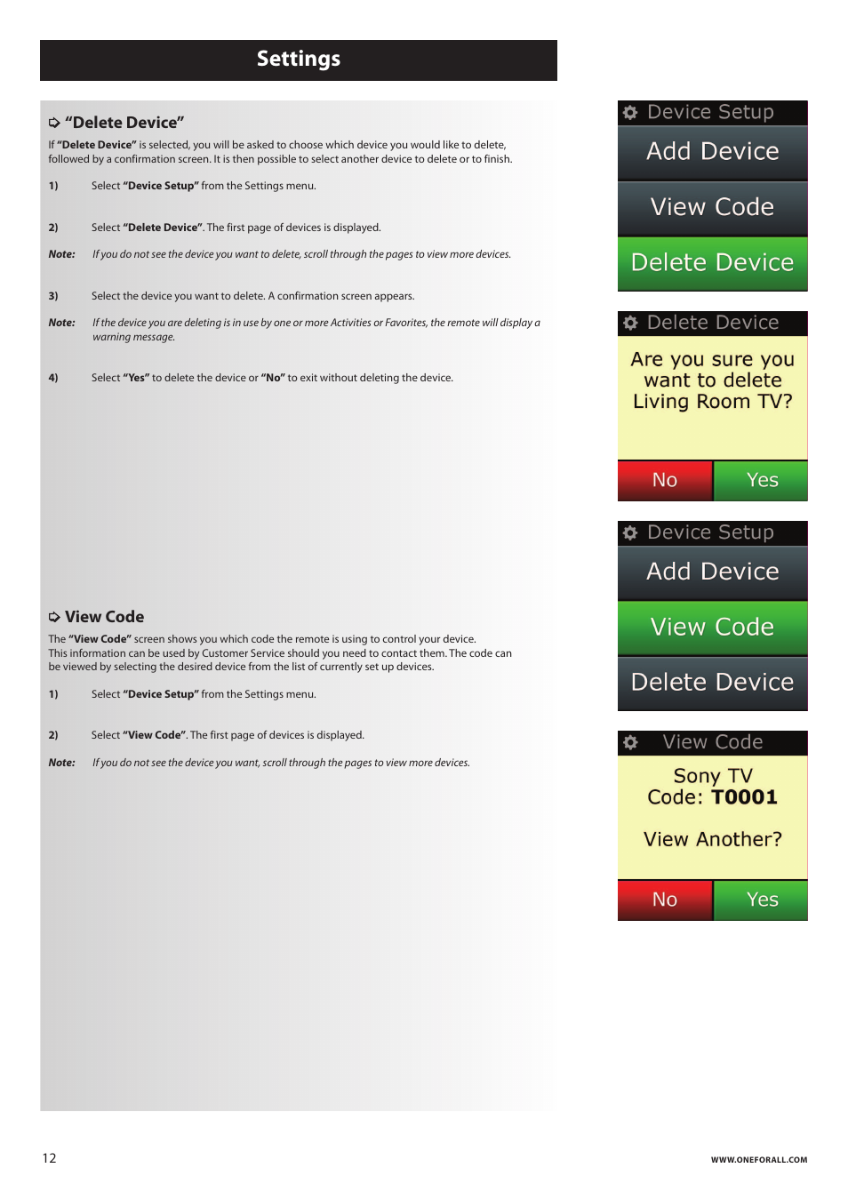 Settings, Delete device, View code | One for All URC 8620 Xsight Plus User Manual | Page 13 / 290