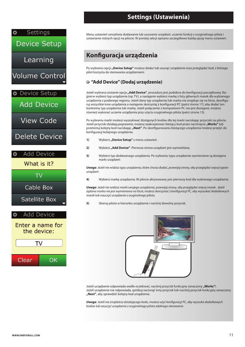 Settings (ustawienia) konﬁguracja urządzenia, Add device” (dodaj urządzenie) | One for All URC 8620 Xsight Plus User Manual | Page 131 / 290