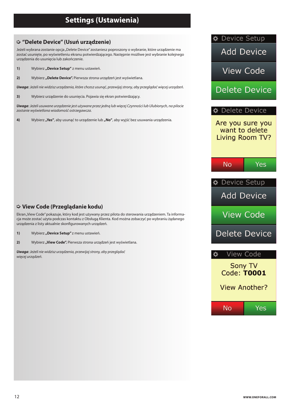 Settings (ustawienia), Delete device” (usuń urządzenie), View code (przeglądanie kodu) | One for All URC 8620 Xsight Plus User Manual | Page 132 / 290