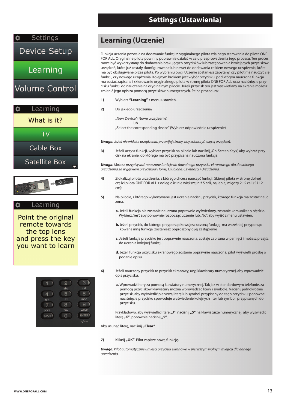 Learning (uczenie) settings (ustawienia) | One for All URC 8620 Xsight Plus User Manual | Page 133 / 290