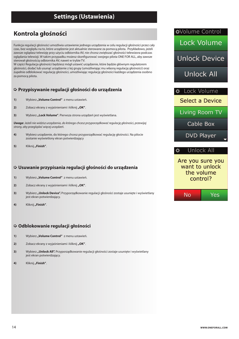 Settings (ustawienia) kontrola głośności, Przypisywanie regulacji głośności do urządzenia, Odblokowanie regulacji głośności | One for All URC 8620 Xsight Plus User Manual | Page 134 / 290