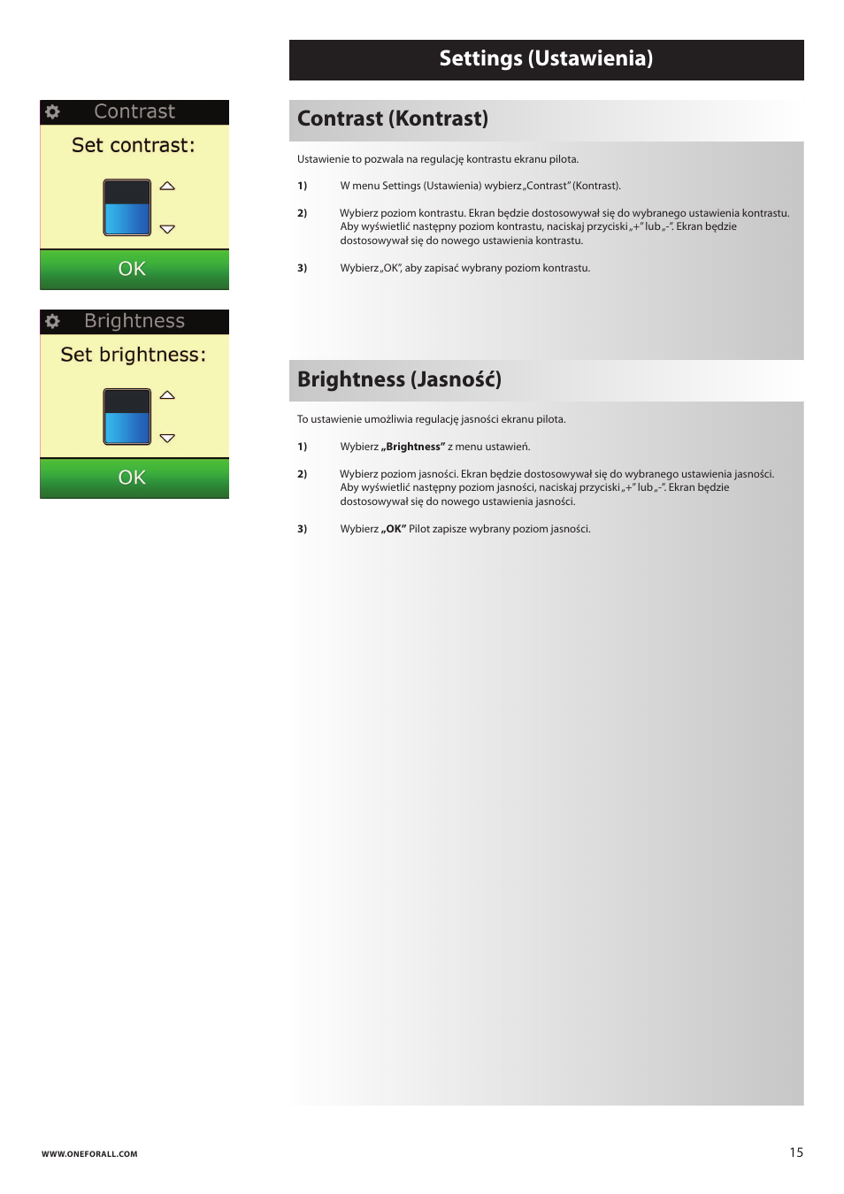 Settings (ustawienia), Contrast (kontrast) brightness (jasność) | One for All URC 8620 Xsight Plus User Manual | Page 135 / 290