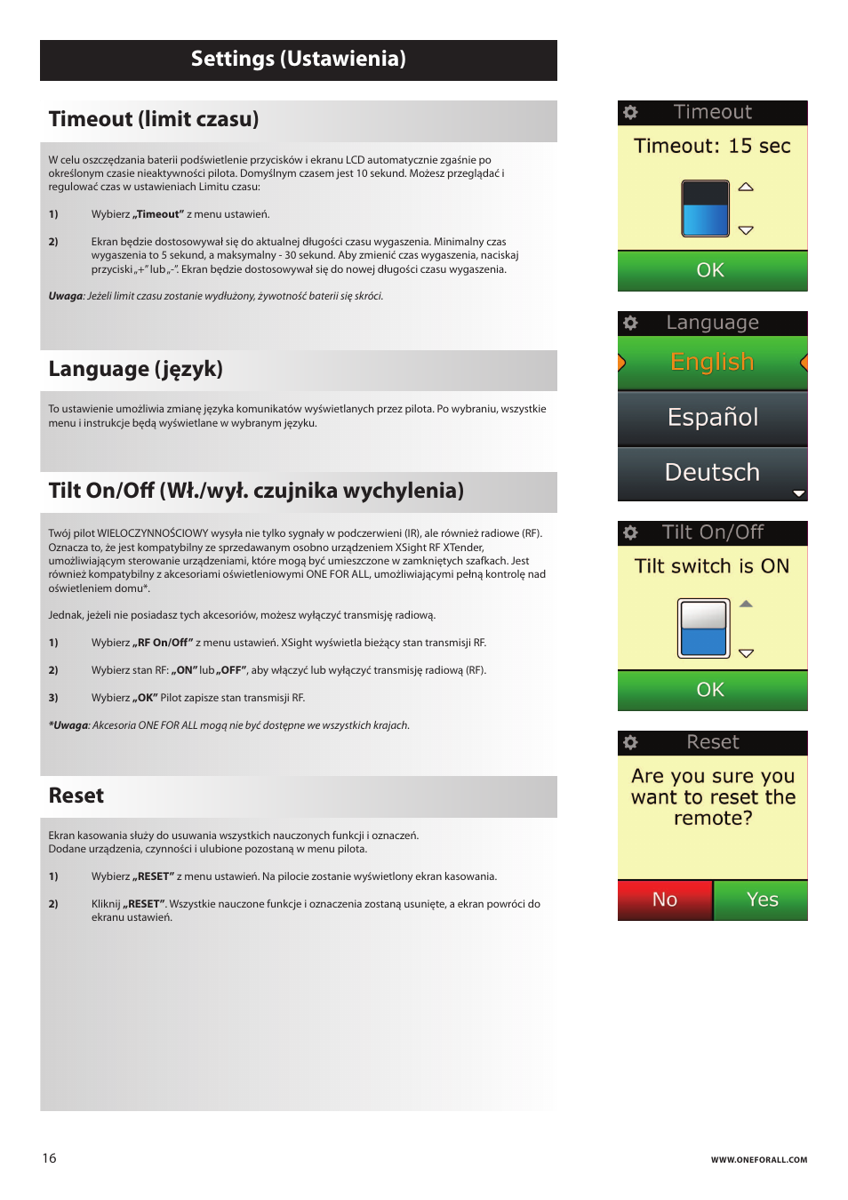 Settings (ustawienia) timeout (limit czasu), Language (język), Tilt on/oﬀ (wł./wył. czujnika wychylenia) | Reset | One for All URC 8620 Xsight Plus User Manual | Page 136 / 290