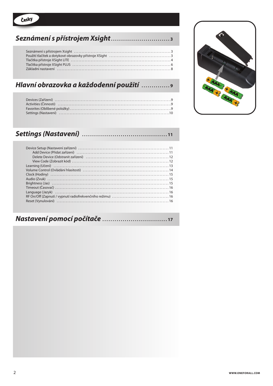 Seznámení s přístrojem xsight, Hlavní obrazovka a každodenní použití, Settings (nastavení) | Nastavení pomocí počítače | One for All URC 8620 Xsight Plus User Manual | Page 139 / 290