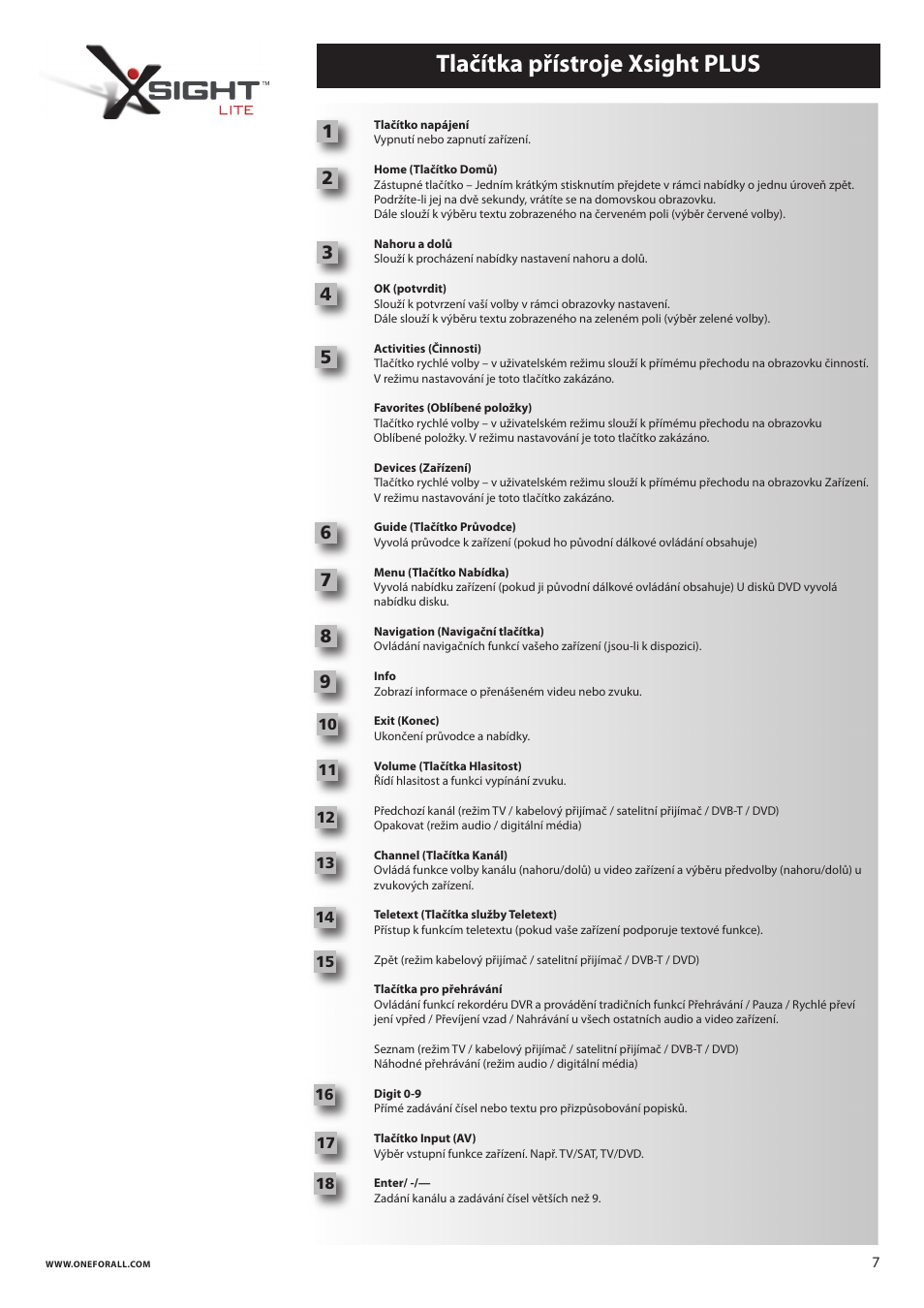 Tlačítka přístroje xsight plus | One for All URC 8620 Xsight Plus User Manual | Page 144 / 290