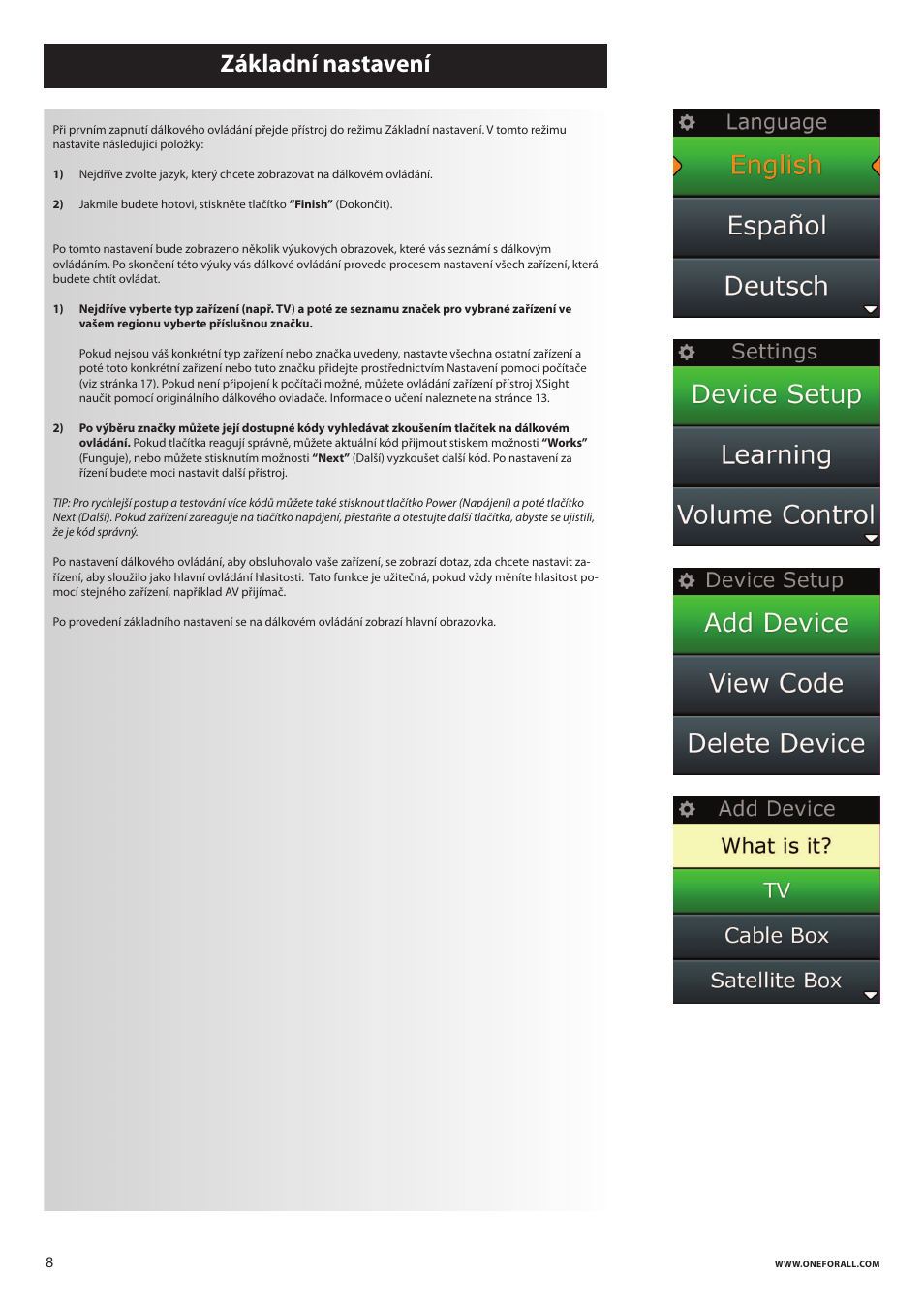 Základní nastavení | One for All URC 8620 Xsight Plus User Manual | Page 145 / 290