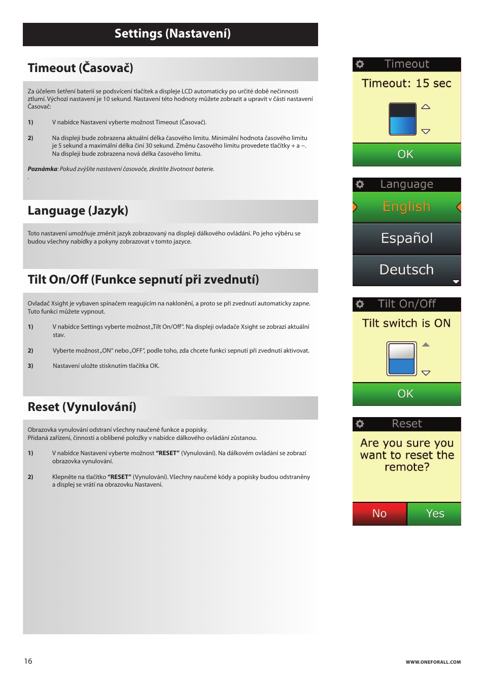 Settings (nastavení) timeout (časovač), Language (jazyk), Tilt on/oﬀ (funkce sepnutí při zvednutí) | Reset (vynulování) | One for All URC 8620 Xsight Plus User Manual | Page 153 / 290