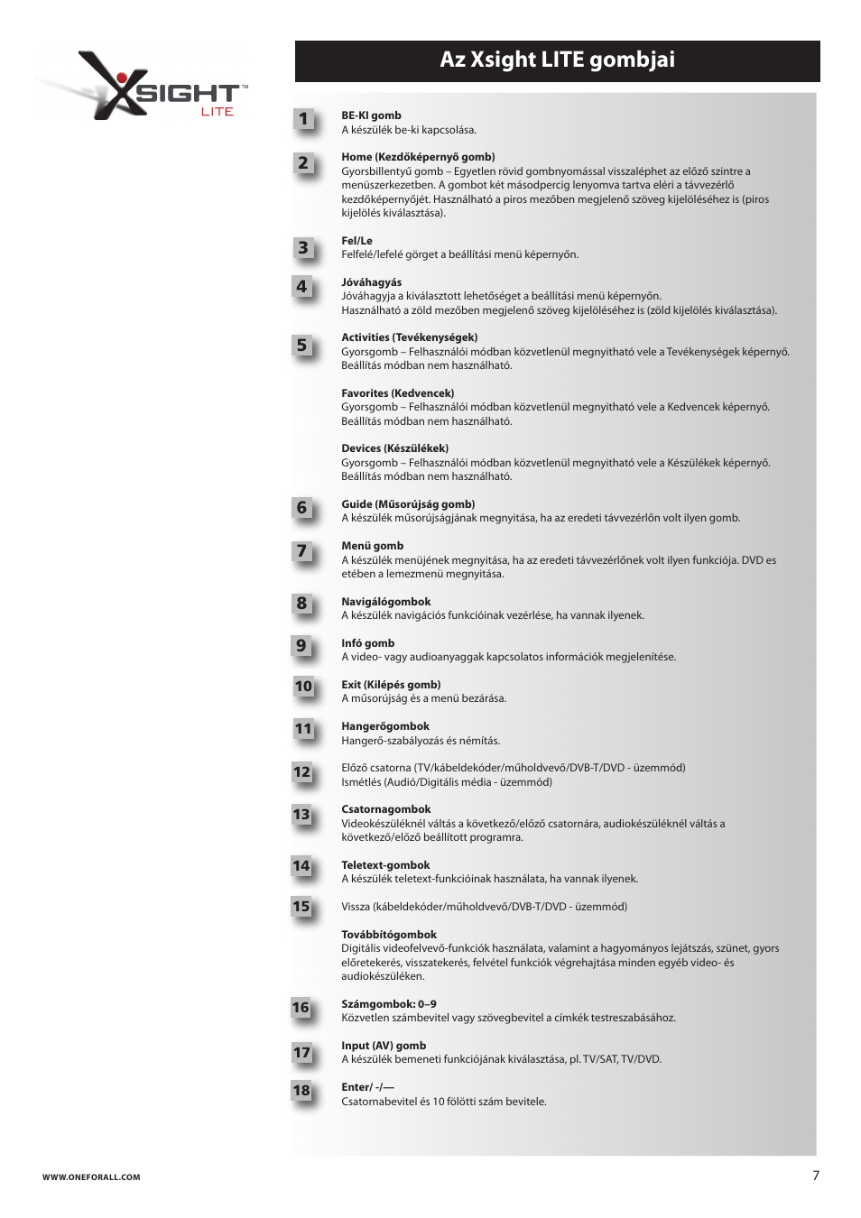 Az xsight lite gombjai | One for All URC 8620 Xsight Plus User Manual | Page 161 / 290