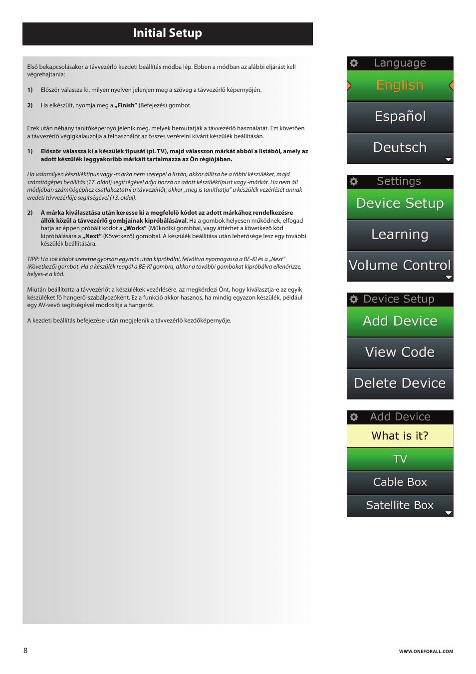 Initial setup | One for All URC 8620 Xsight Plus User Manual | Page 162 / 290