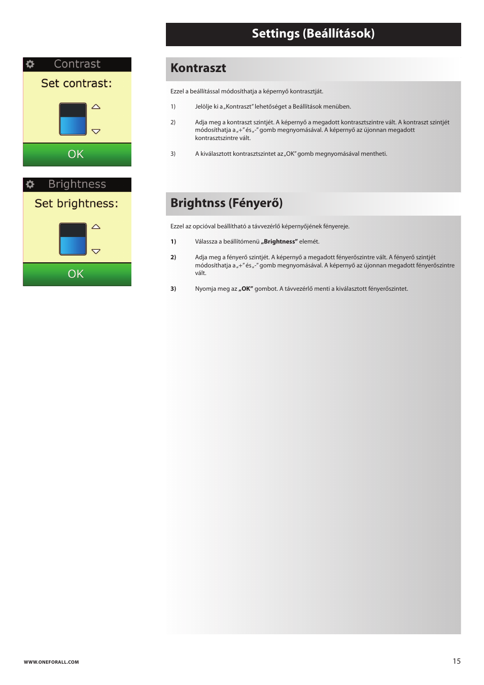 Settings (beállítások), Kontraszt brightnss (fényerő) | One for All URC 8620 Xsight Plus User Manual | Page 169 / 290