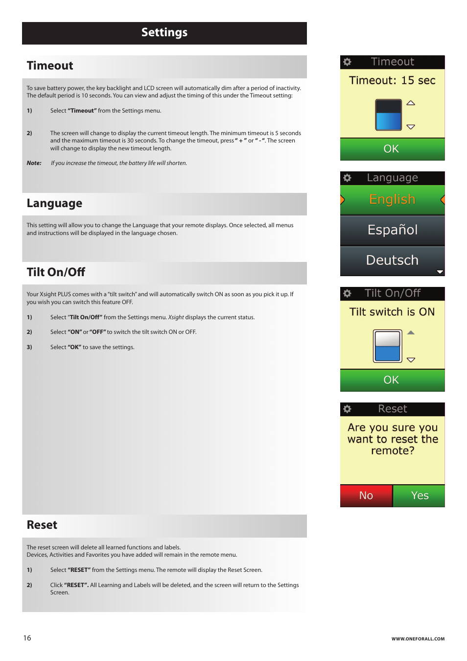 Settings timeout, Language, Tilt on/oﬀ | Reset | One for All URC 8620 Xsight Plus User Manual | Page 17 / 290