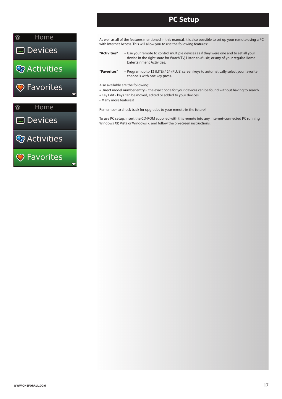 Pc setup | One for All URC 8620 Xsight Plus User Manual | Page 18 / 290