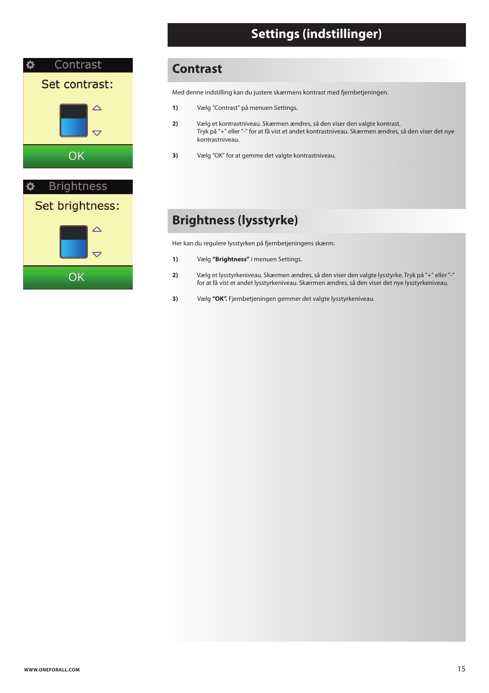 Settings (indstillinger), Contrast brightness (lysstyrke) | One for All URC 8620 Xsight Plus User Manual | Page 186 / 290