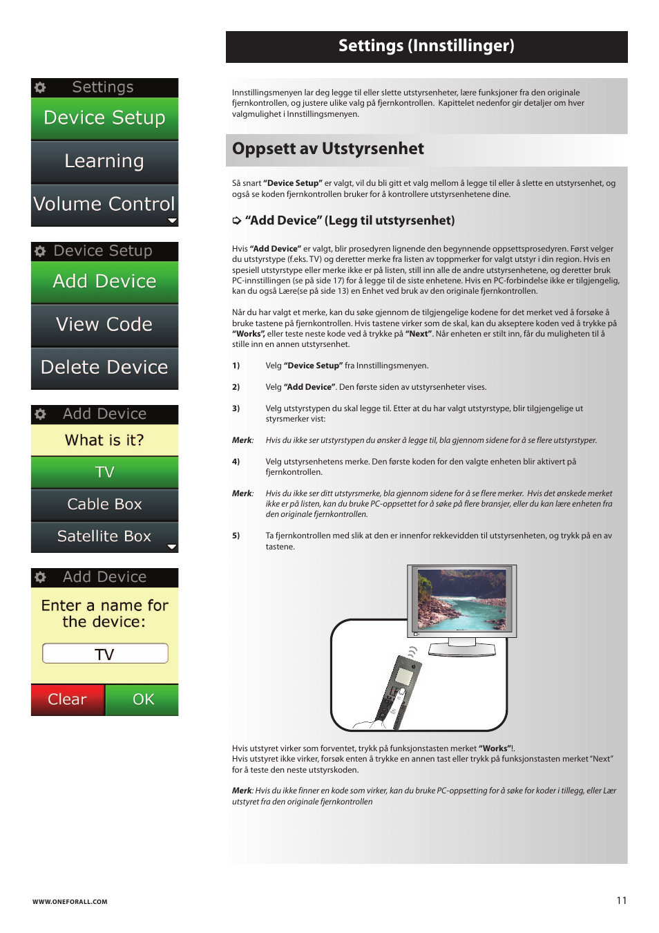 Settings (innstillinger) oppsett av utstyrsenhet, Add device” (legg til utstyrsenhet) | One for All URC 8620 Xsight Plus User Manual | Page 199 / 290