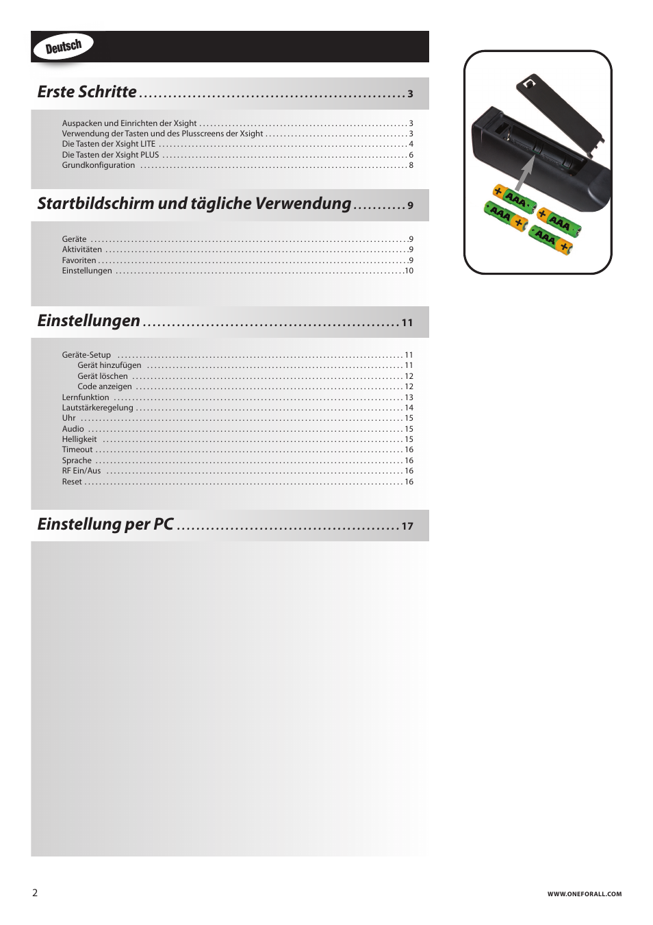 Erste schritte, Startbildschirm und tägliche verwendung, Einstellungen | Einstellung per pc | One for All URC 8620 Xsight Plus User Manual | Page 20 / 290