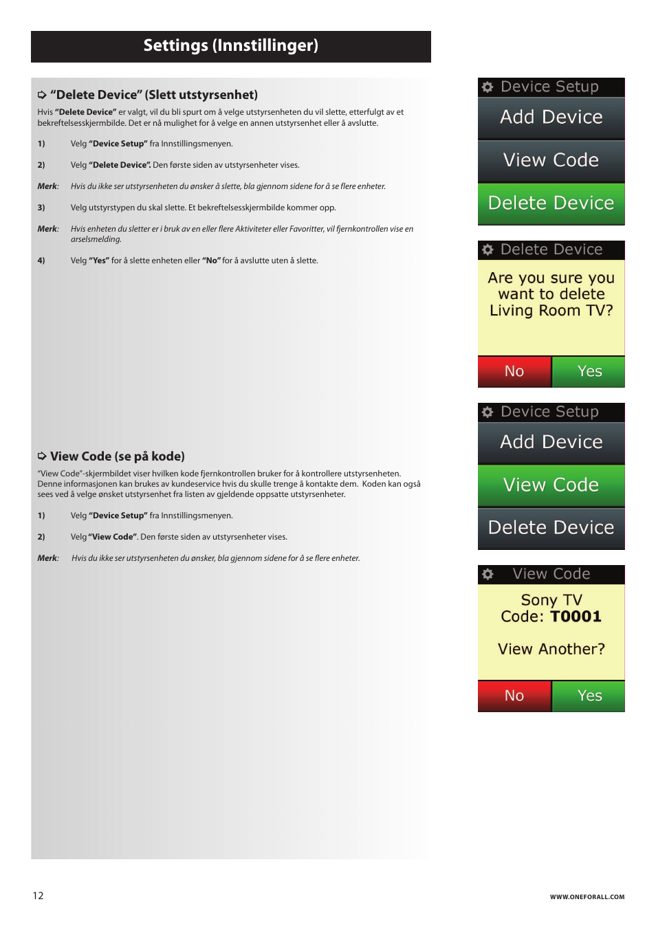 Settings (innstillinger), Delete device” (slett utstyrsenhet), View code (se på kode) | One for All URC 8620 Xsight Plus User Manual | Page 200 / 290