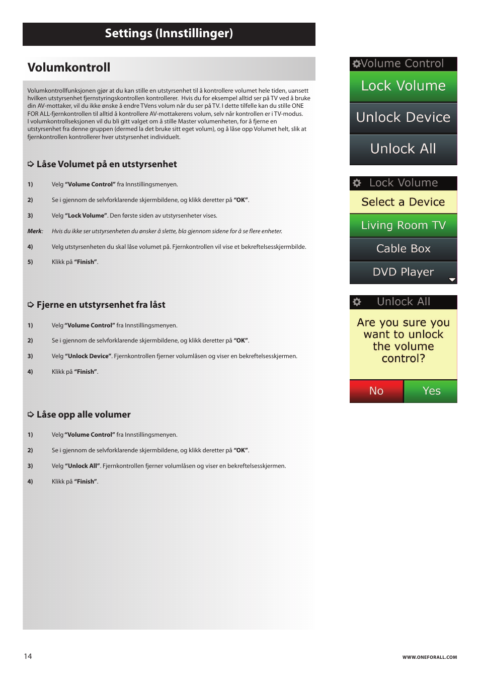 Settings (innstillinger) volumkontroll, Låse volumet på en utstyrsenhet, Fjerne en utstyrsenhet fra låst | Låse opp alle volumer | One for All URC 8620 Xsight Plus User Manual | Page 202 / 290