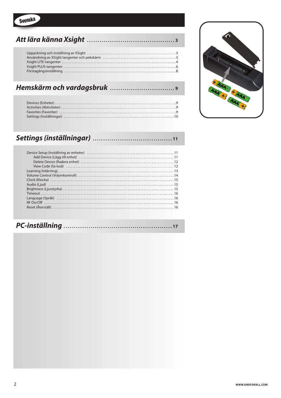 Att lära känna xsight, Hemskärm och vardagsbruk, Settings (inställningar) | Pc-inställning | One for All URC 8620 Xsight Plus User Manual | Page 207 / 290