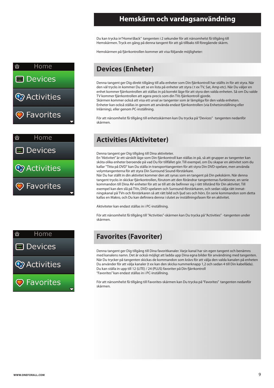 Devices (enheter), Activities (aktiviteter) | One for All URC 8620 Xsight Plus User Manual | Page 214 / 290