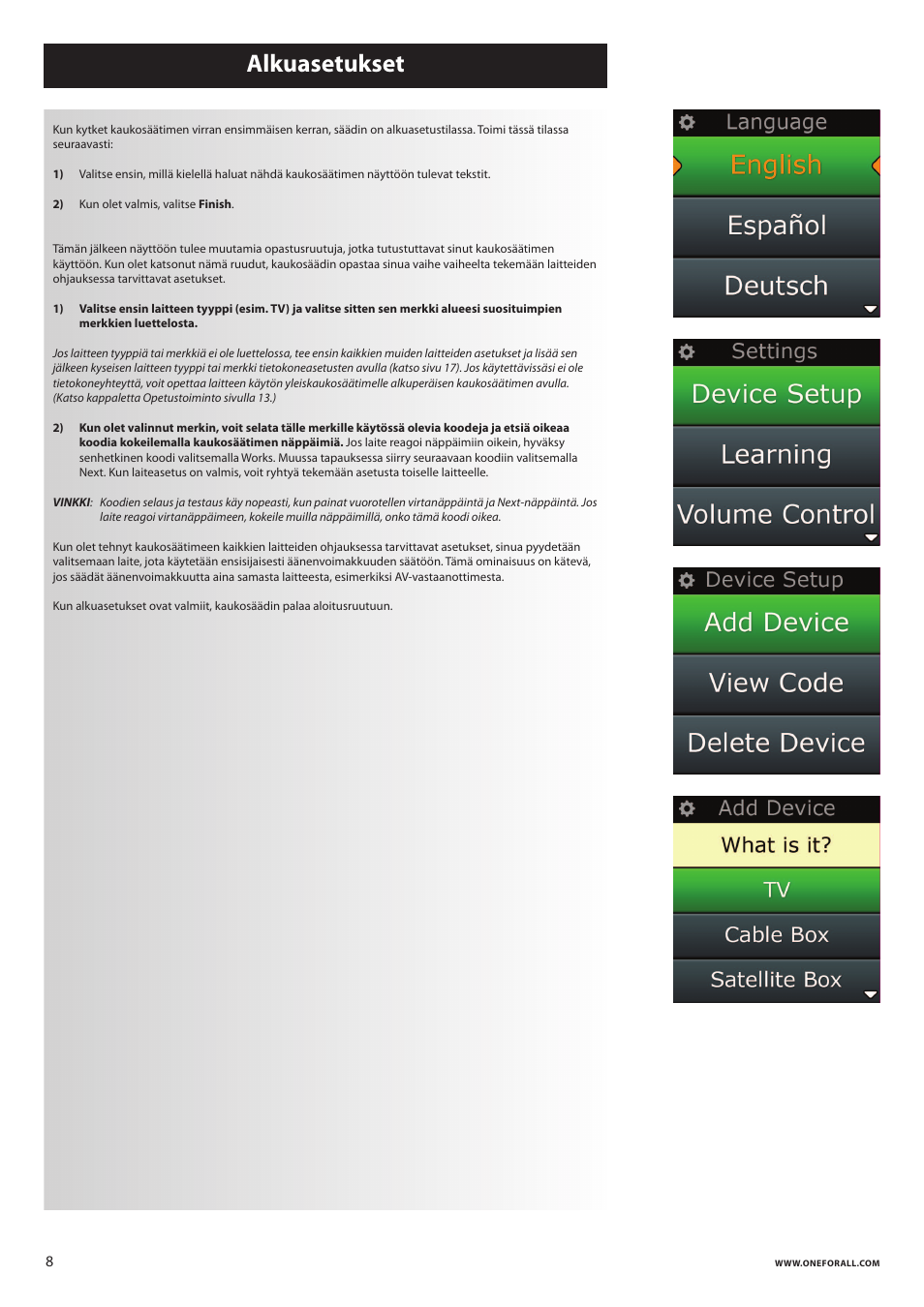 Alkuasetukset | One for All URC 8620 Xsight Plus User Manual | Page 230 / 290