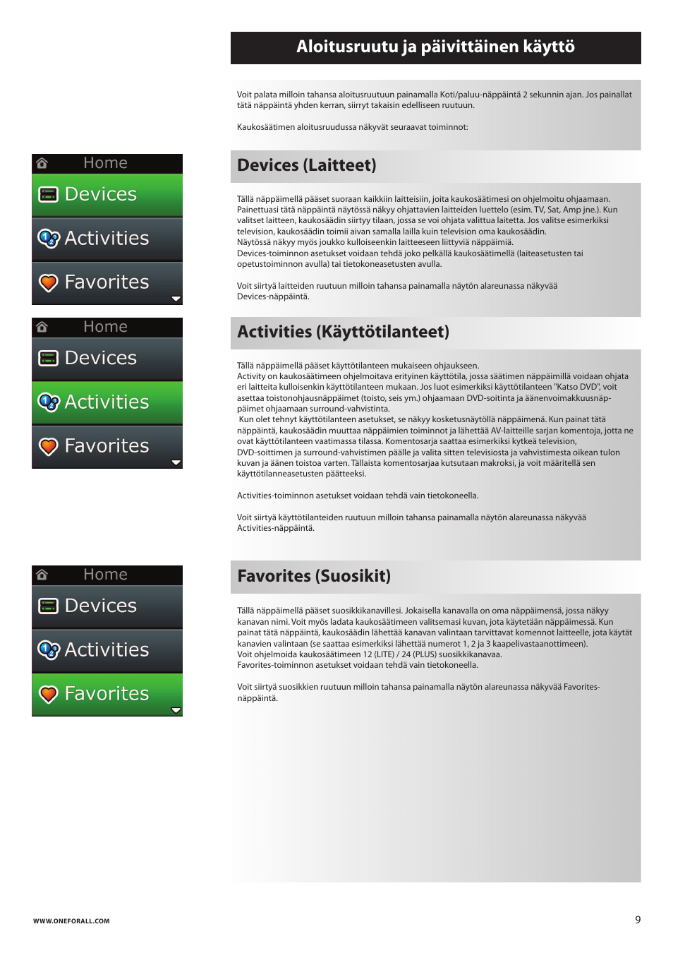 Devices (laitteet), Activities (käyttötilanteet) | One for All URC 8620 Xsight Plus User Manual | Page 231 / 290