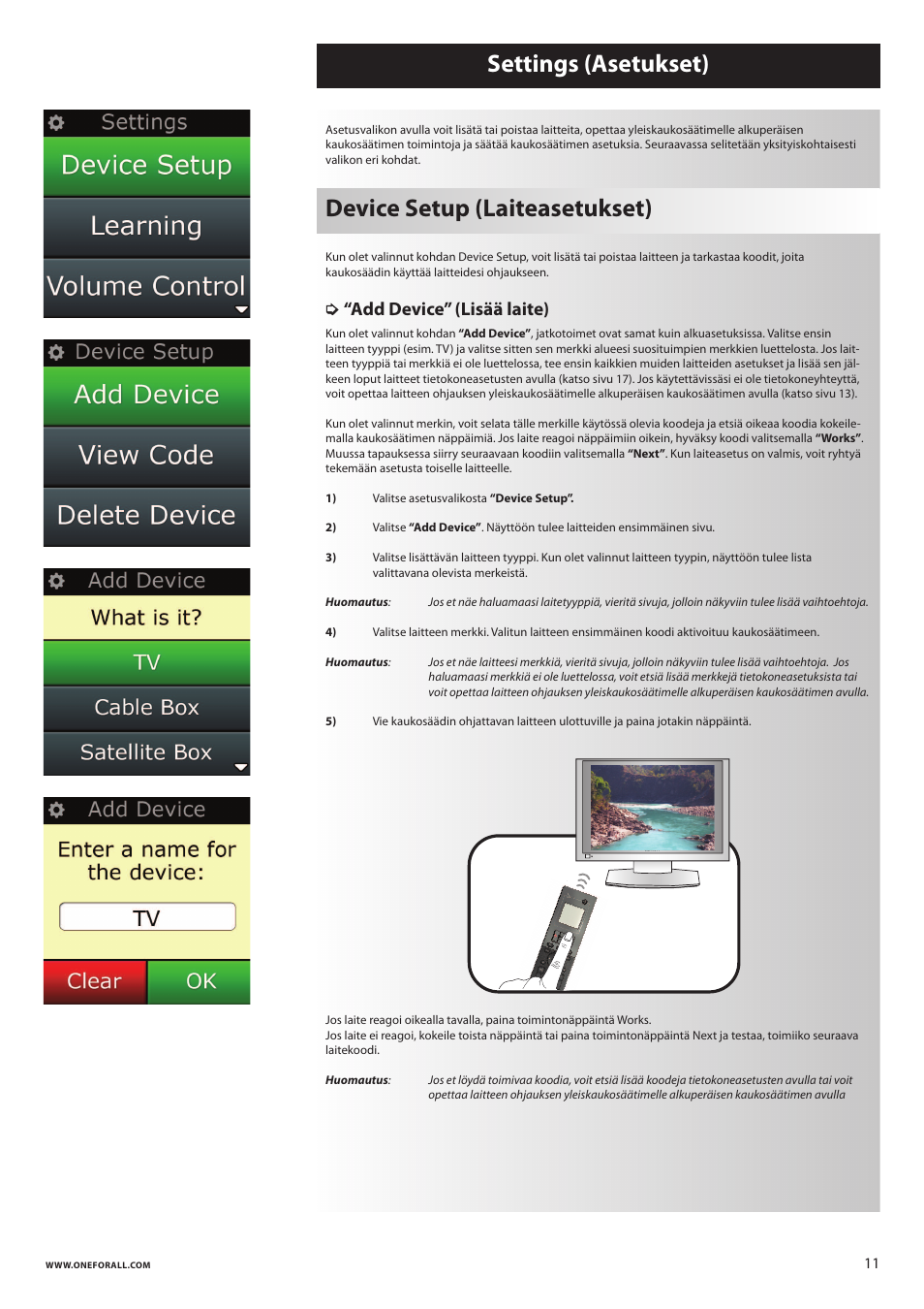 Settings (asetukset) device setup (laiteasetukset), Add device” (lisää laite) | One for All URC 8620 Xsight Plus User Manual | Page 233 / 290