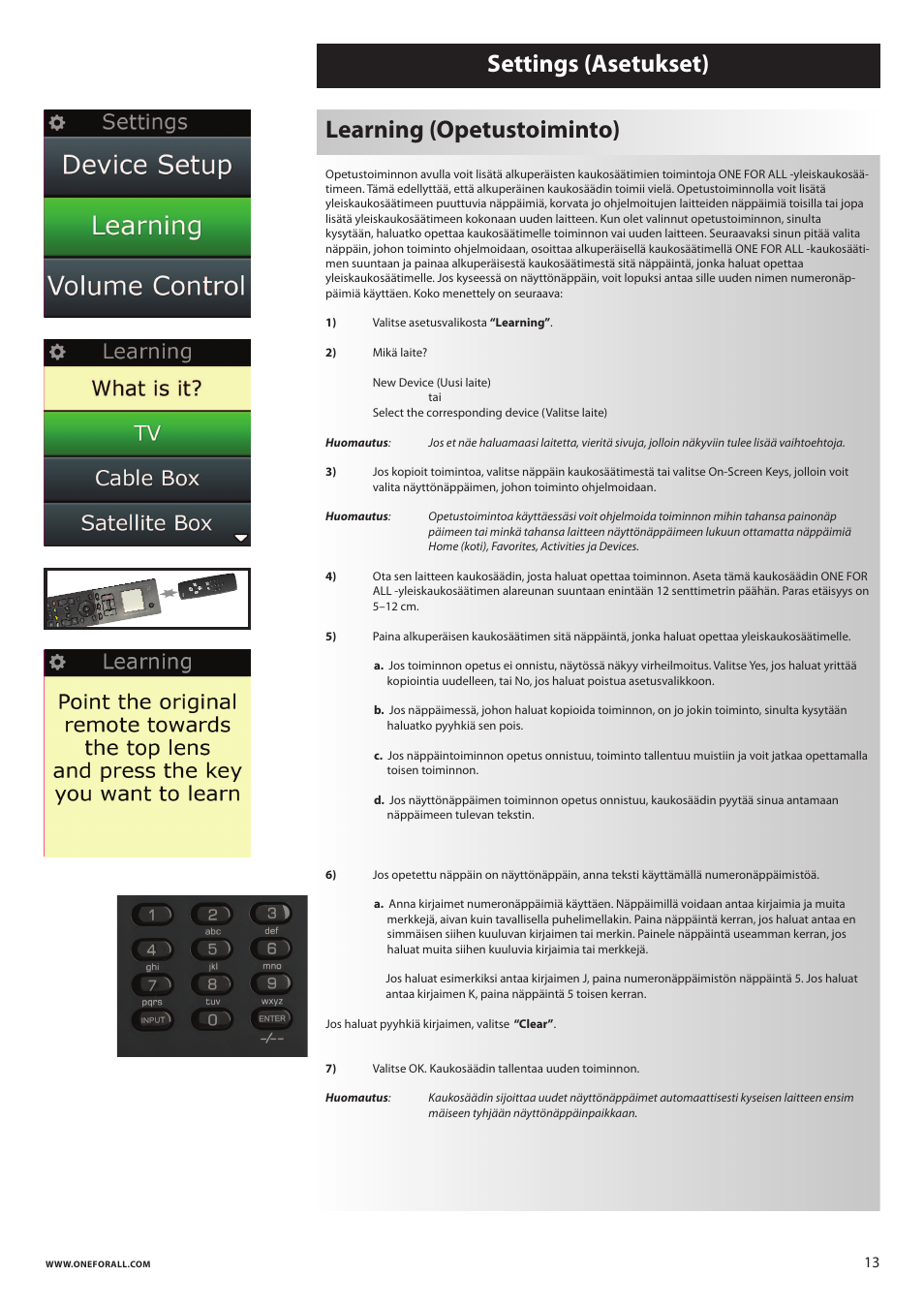 Learning (opetustoiminto) settings (asetukset) | One for All URC 8620 Xsight Plus User Manual | Page 235 / 290