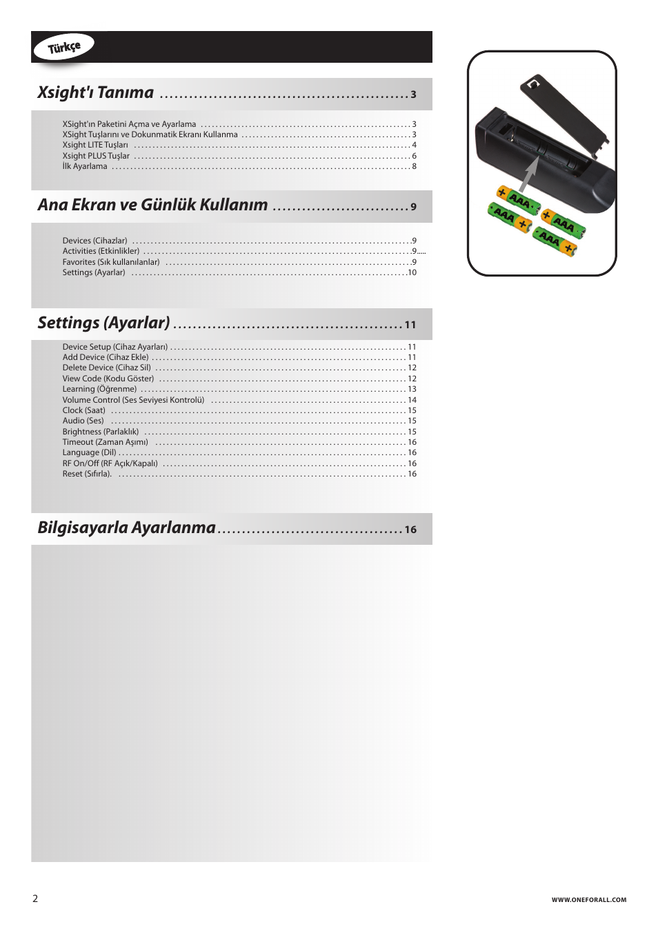 Xsight'ı tanıma, Ana ekran ve günlük kullanım, Settings (ayarlar) | Bilgisayarla ayarlanma | One for All URC 8620 Xsight Plus User Manual | Page 275 / 290