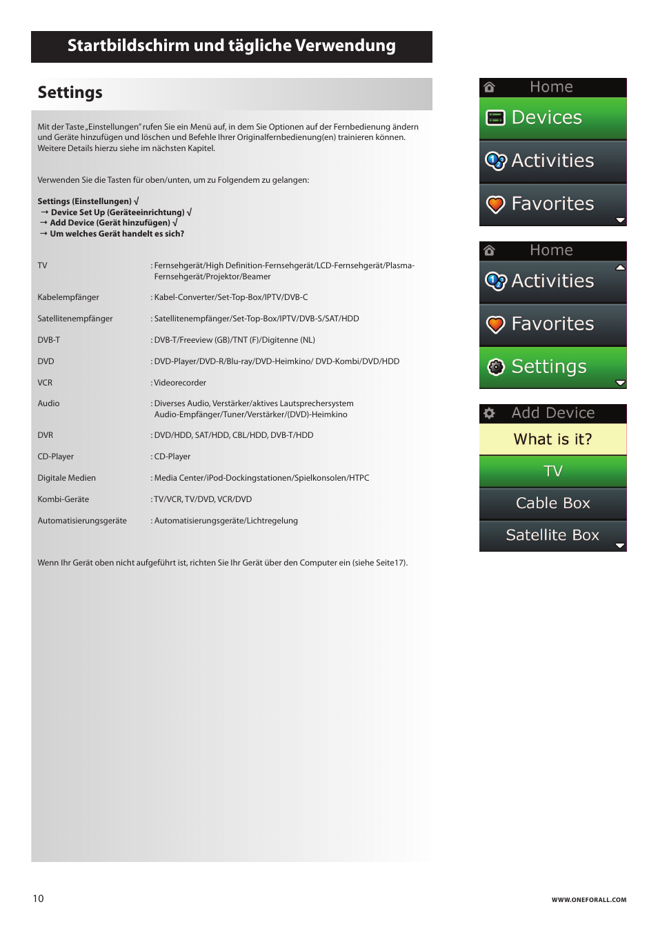 Startbildschirm und tägliche verwendung settings | One for All URC 8620 Xsight Plus User Manual | Page 28 / 290