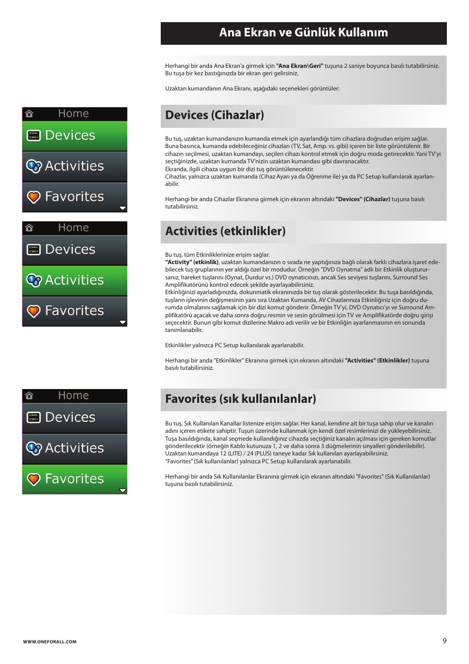 Devices (cihazlar), Activities (etkinlikler) | One for All URC 8620 Xsight Plus User Manual | Page 282 / 290