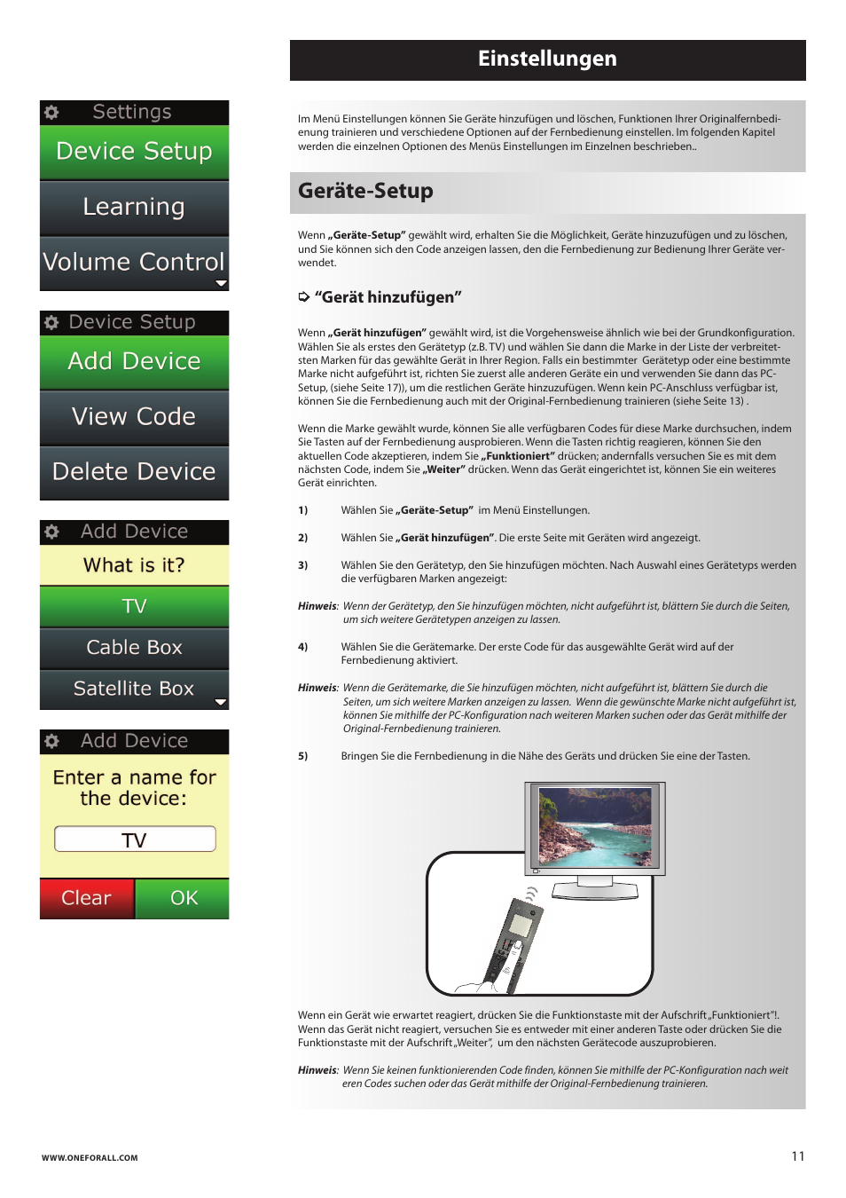 Einstellungen geräte-setup, Gerät hinzufügen | One for All URC 8620 Xsight Plus User Manual | Page 29 / 290