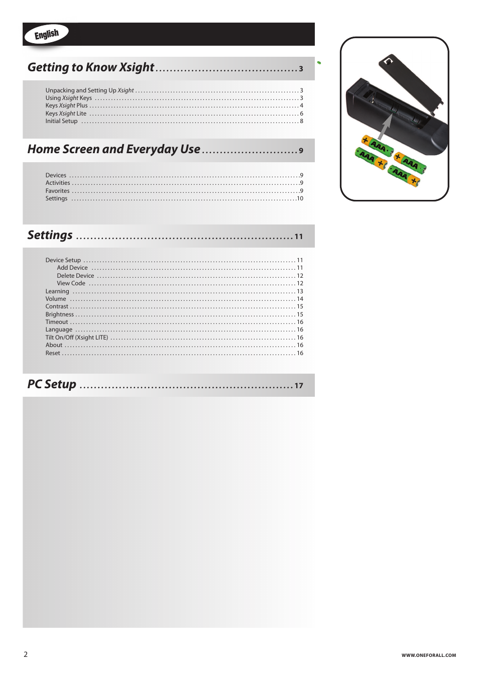 Getting to know xsight, Home screen and everyday use, Settings | Pc setup | One for All URC 8620 Xsight Plus User Manual | Page 3 / 290