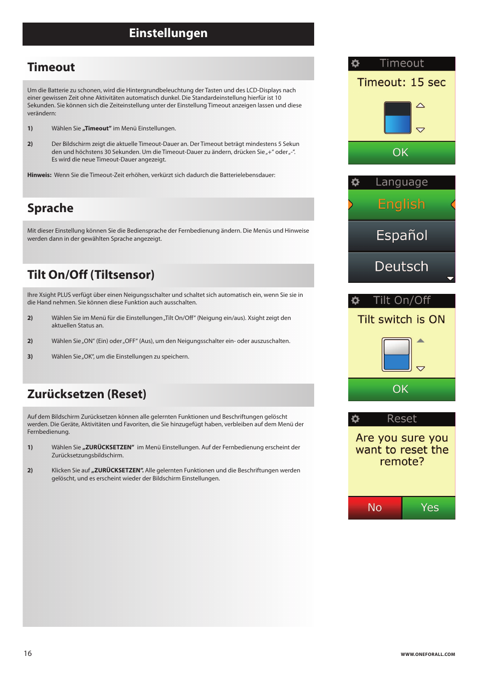 Einstellungen timeout, Sprache, Tilt on/off (tiltsensor) | Zurücksetzen (reset) | One for All URC 8620 Xsight Plus User Manual | Page 34 / 290