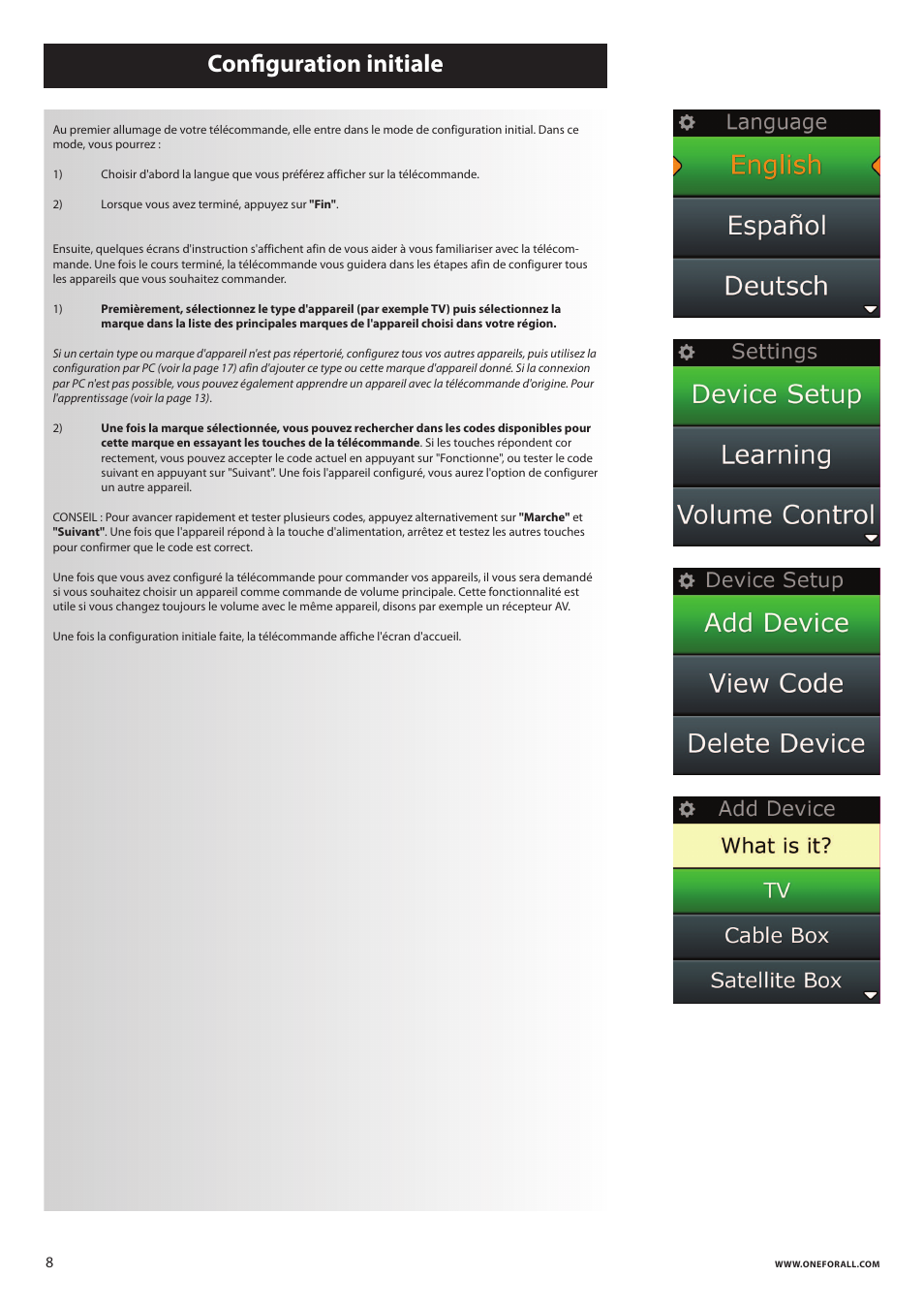 Conﬁguration initiale | One for All URC 8620 Xsight Plus User Manual | Page 43 / 290