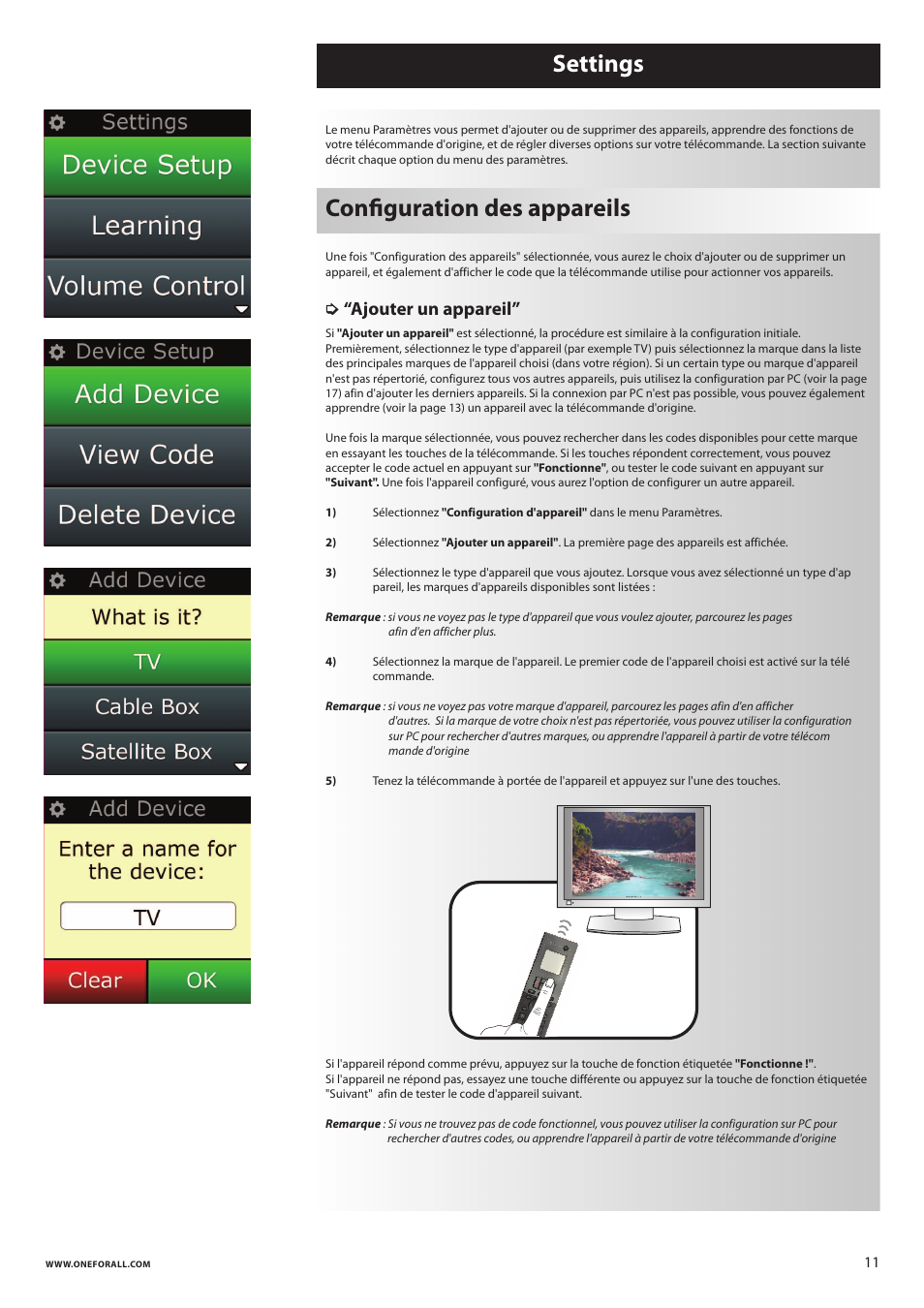 Settings conﬁguration des appareils, Ajouter un appareil | One for All URC 8620 Xsight Plus User Manual | Page 46 / 290