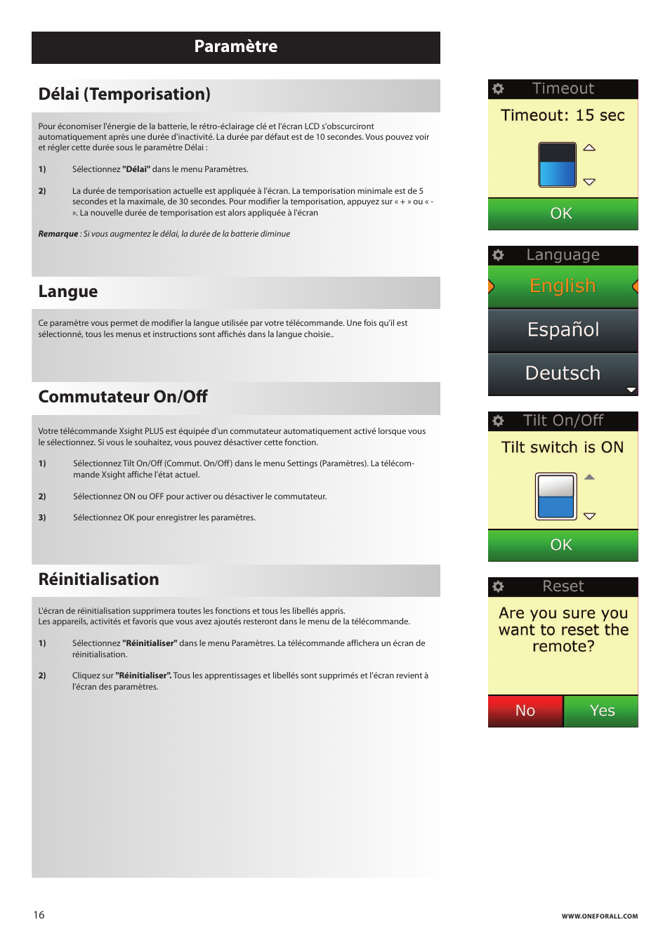 Paramètre délai (temporisation), Langue commutateur on/oﬀ, Réinitialisation | One for All URC 8620 Xsight Plus User Manual | Page 51 / 290