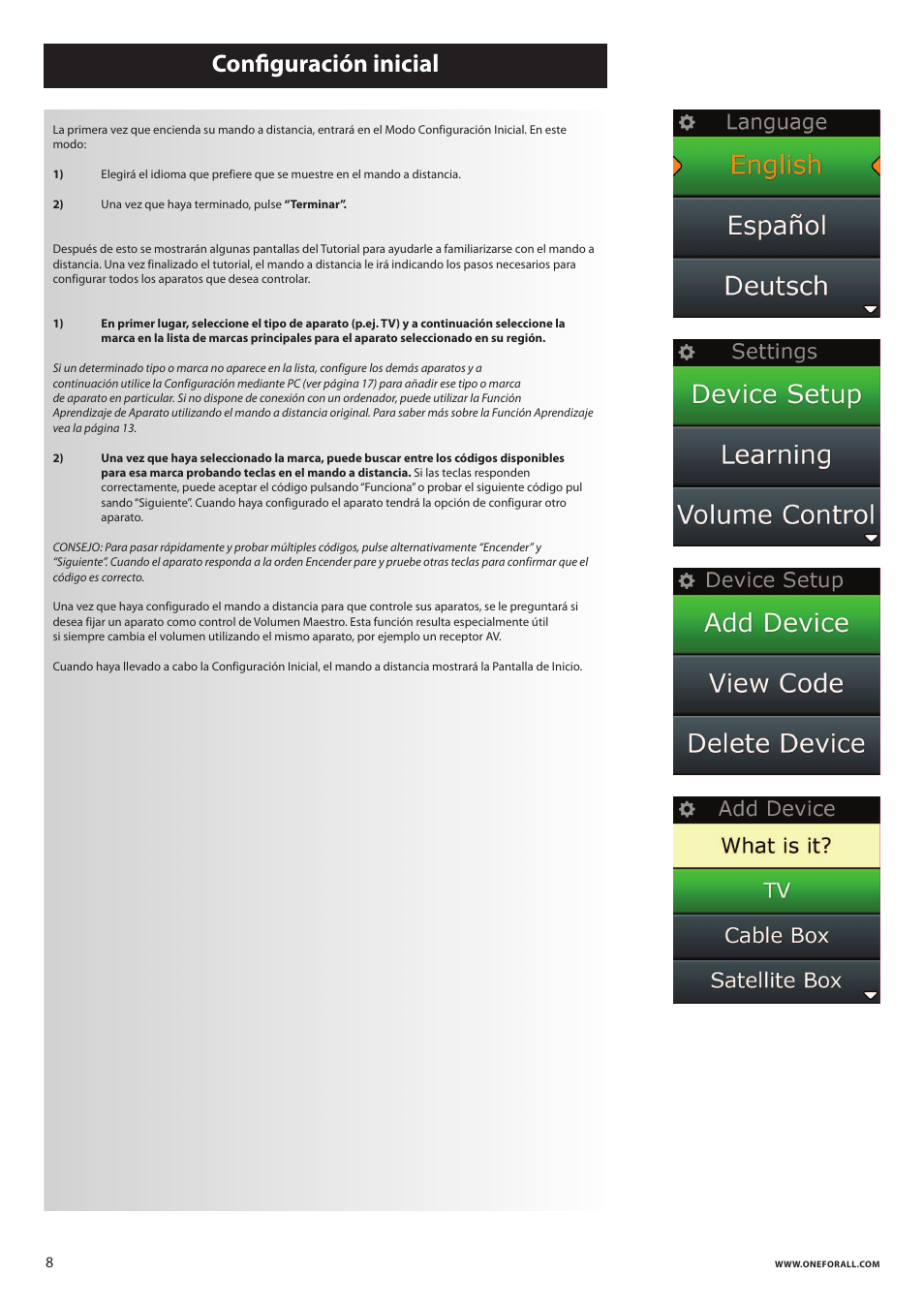 Conﬁguración inicial | One for All URC 8620 Xsight Plus User Manual | Page 60 / 290