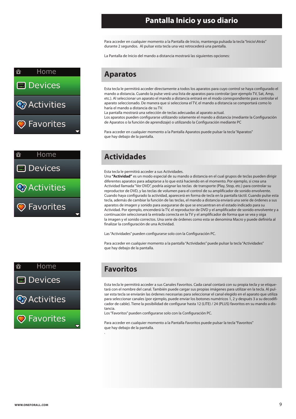 Pantalla inicio y uso diario favoritos, Aparatos, Actividades | One for All URC 8620 Xsight Plus User Manual | Page 61 / 290